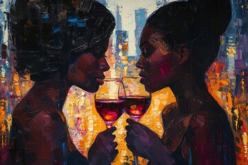 Two elegant women enjoying a night out with wine glasses against a vibrant city skyline backdrop