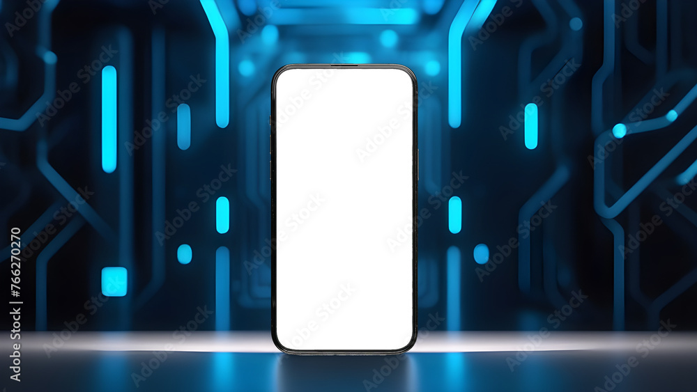 Poster mobile phone screen mockup. blank smartphone display mock up. futuristic light lines background