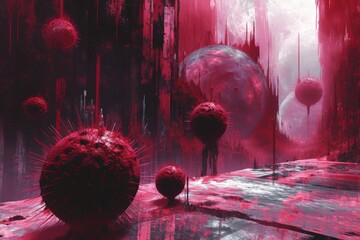 Mysterious Tunnel of Red Blood Cells Surrounding a Giant Ball in Digital Painting