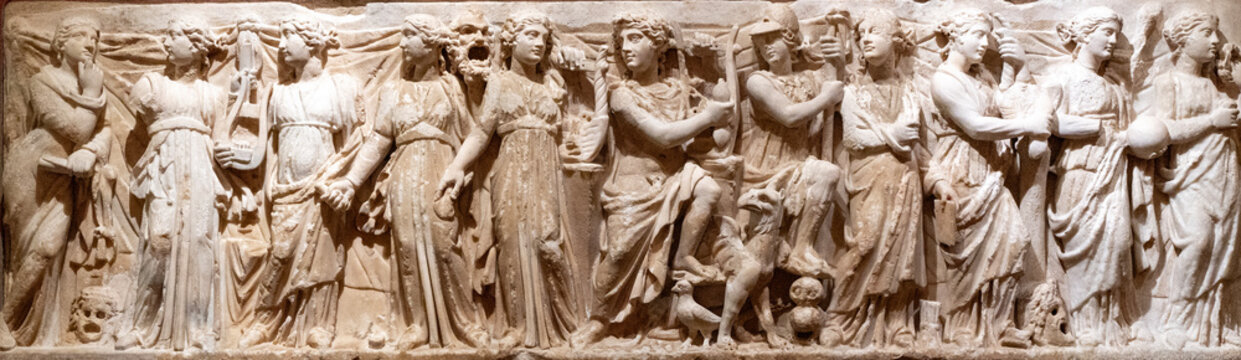 Bas-relief of ancient Greece. Horizontal Photo. High quality photo