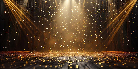 Empty room with gold confetti and spotlight on stage background, abstract golden bokeh light effect