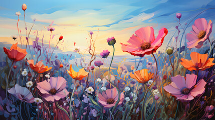Obraz na płótnie Canvas sunset flower in a field with wild flowers