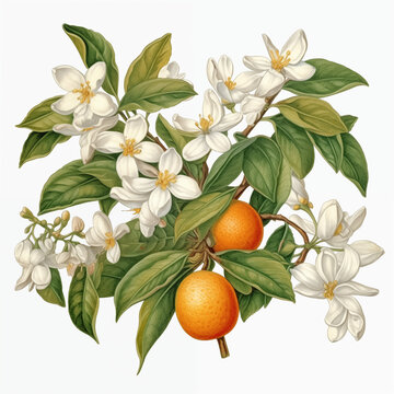 Botanical Illustration of White Blossoms and Citrus Fruit