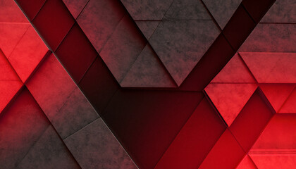 Abstract geometric shapes in black and red colors, 3D effects, dynamic trendy modern design as background, texture materials for technical packaging design, conceptual wall design,