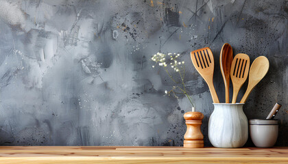 Contemporary kitchen background with kitchen utensils standing on wooden countertop