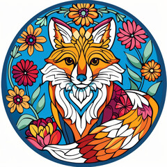 Fototapeta premium A stylized fox surrounded by colorful flowers in a mandala pattern, radiating with folk charm.