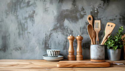 Contemporary kitchen background with kitchen utensils standing on wooden countertop