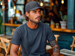 hombre tatuado  con gorra sentado en un restaurante al aire libre mirando algo a lo lejos - obrazy, fototapety, plakaty