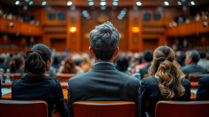 un grupo de personas sentadas en una sala de conferencias con un orador ocluido en el fondo - obrazy, fototapety, plakaty