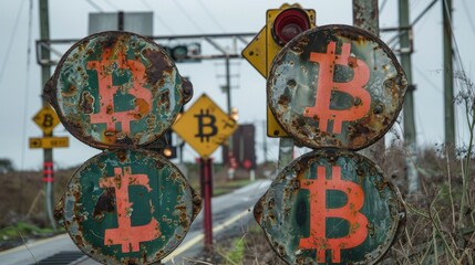 Rusty Bitcoin Symbols and Signage Representing Cryptocurrency and Digital Finance Concepts