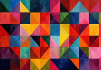 Vibrant Triangular Abstract Artwork with Multicolored Shapes on a Dark Background