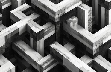 Abstract Monochrome Maze Constructed of Black and White Squares and Cubes in a Geometric Pattern