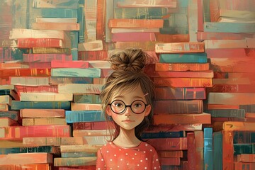 Portrait of a girl with glasses standing in front of a stack of books in a library