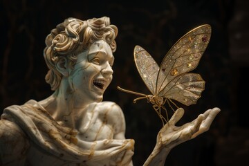 Exquisite marble statue with a joyful expression admiring a dazzling butterfly perched on its hand.