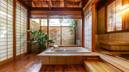 A Japanese-style bathroom with a deep soaking tub, bamboo flooring, and a sliding shoji screen door