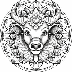 Fototapeta premium A monochrome vector illustration of a bison head with mandala and tribal design elements.