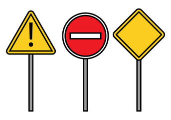 Tres señales de tráfico de prohibido y advertencia. 