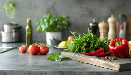 Foto op Canvas food cooking concept, front view on fresh vegetables standing on wooden countertop © Oleksiy