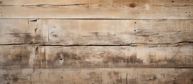 This close up captures the intricate pattern of a brown hardwood flooring with beige rectangular shapes. The wood wall features a metal art piece in a font design
