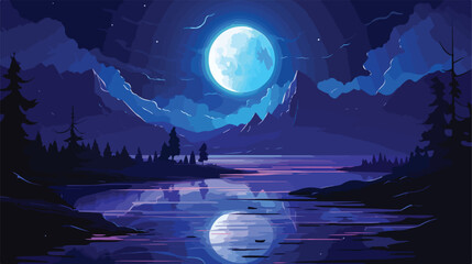 Futuristic night landscape moonlight shine. Dark natu