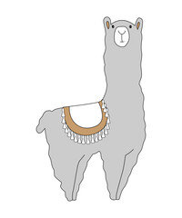 Cute llama alpaca. Cozy toy. Furry animal of Mexico. Cartoon flat style. Hand drawn vector illustration on a white background for card design, print, banner, label, children's room decoration.