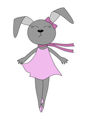 Cute little girl bunny ballerina in a pink dress stands on pointe shoes. Cartoon flat style. Hand drawn vector illustration on a white background for cards, print, banner, children's room decoration.