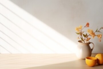 Vase With Flowers and Oranges on Table