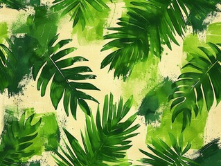 Tropical palm leaves and green paint strokes seamless pattern on yellow background