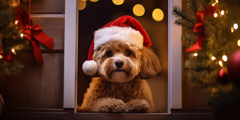 Dog on Christmas door background. Happy new year backdrop. Celebrating winter holidays card.