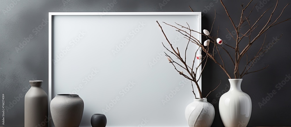 Poster three different shaped vases in various colors are displayed on a wooden shelf alongside a picture f