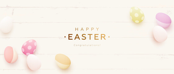 Happy easter horizontal greeting card or web banner with realistic 3d easter eggs and golden text on light wooden background. Festive elegant wallpaper. Vector illustrations - obrazy, fototapety, plakaty