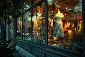 Chic Boutique: Stylish Window Display of Fashion Clothes and Accessories