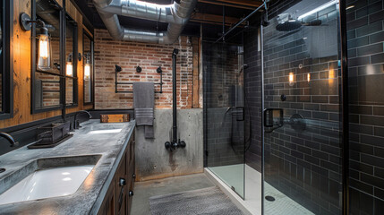 Fototapeta na wymiar A modern industrial bathroom with exposed pipes, concrete countertops, and a walk-in shower with black subway tile walls