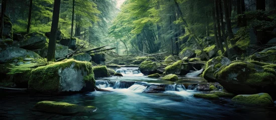  A picturesque scene of a river flowing through a vibrant green forest with rocky banks and towering trees, creating a stunning natural landscape © 2rogan