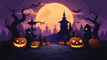 Happy halloween background with pumpkins castle haunt - obrazy, fototapety, plakaty
