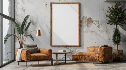 Poster mockup with vertical wooden frame in home interior background