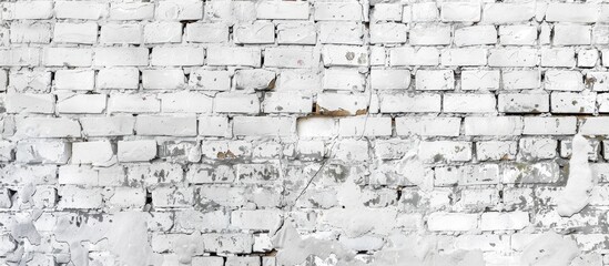 A monochrome photograph capturing a closeup of a white brick wall with peeling paint, showcasing the texture and pattern of the bricks