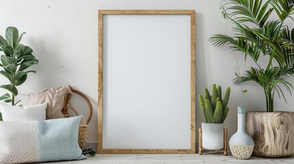 Poster mockup with vertical wooden frame in home interior background - obrazy, fototapety, plakaty