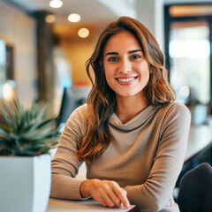 portrait of a woman sitting at a table, Portrait of a friendly and approachable female receptionist in her early 30s, working at a health insurance company, with a welcoming smile, situated in  modern - obrazy, fototapety, plakaty