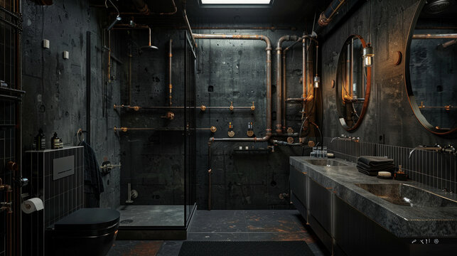 A modern industrial bathroom with exposed pipes, concrete countertops, and a walk-in shower with black subway tile walls
