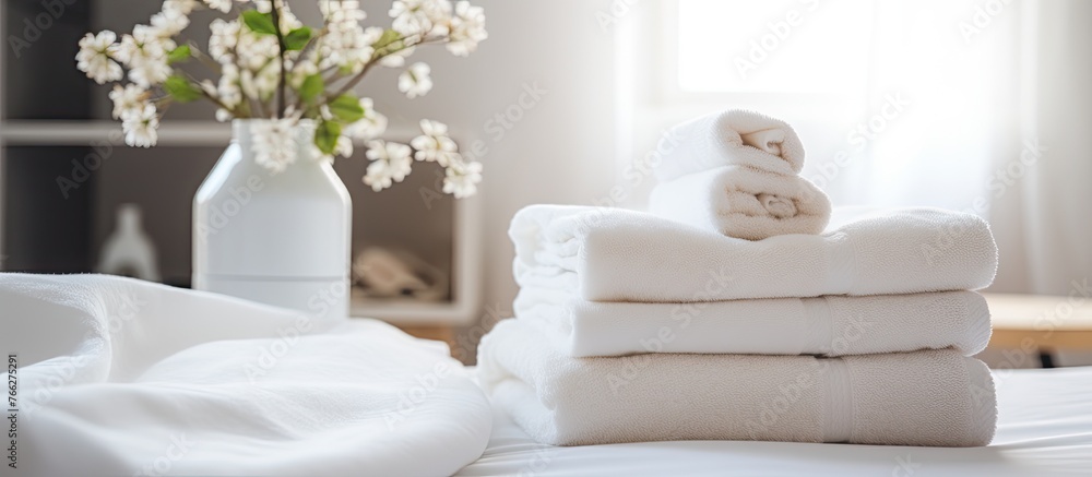 Poster Neat stack of towels arranged on a bed with a soft focus background of a vase of colorful flowers
