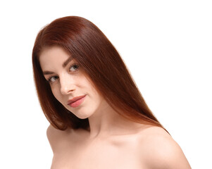 Fototapeta premium Portrait of beautiful woman with freckles on white background