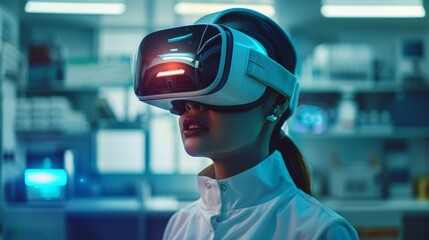 Fototapeta na wymiar Woman in VR headset, lit by screen glow, futuristic, tech ambiance.