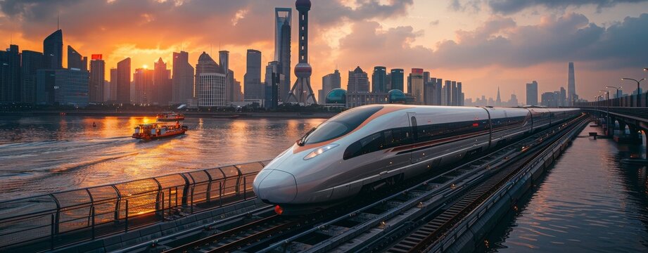Bullet Train Speeding Through City at Sunset