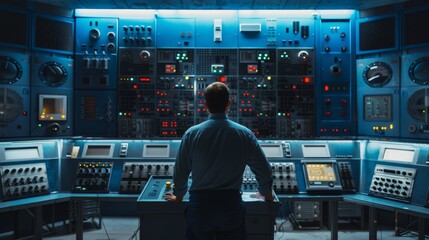 Control room technician monitoring data in a power plant. - obrazy, fototapety, plakaty