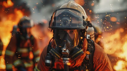 Firefighter in action with intense flames.