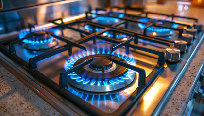 Fototapeta na wymiar Closeup shot of blue fire from domestic kitchen stove top. Gas cooker with burning flames of propane gas