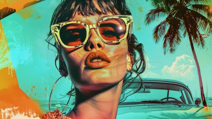 Woman with retro sunglasses, tropical background, vibrant pop art style.