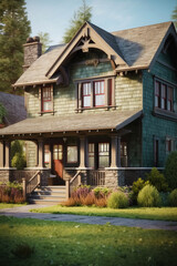 Porch of a traditional house in craftsman architectural style.