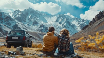 Couple sitting by car overlooking mountains, adventure.